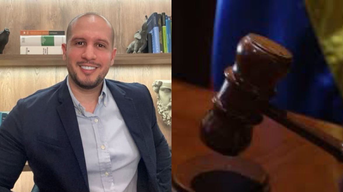 Abogado Carlos Jiménez y martillo de justicia.