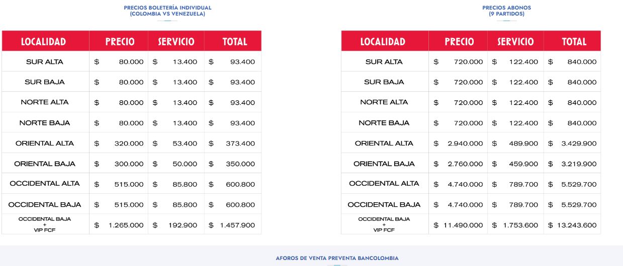 Precios de boletería para el primer partido contra Venezuela