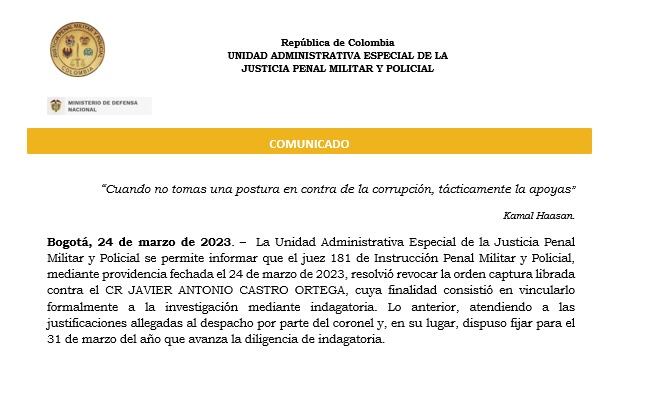 Un juez penal militar revocó la orden de captura contra el comandante de la Policía en el Caquetá.