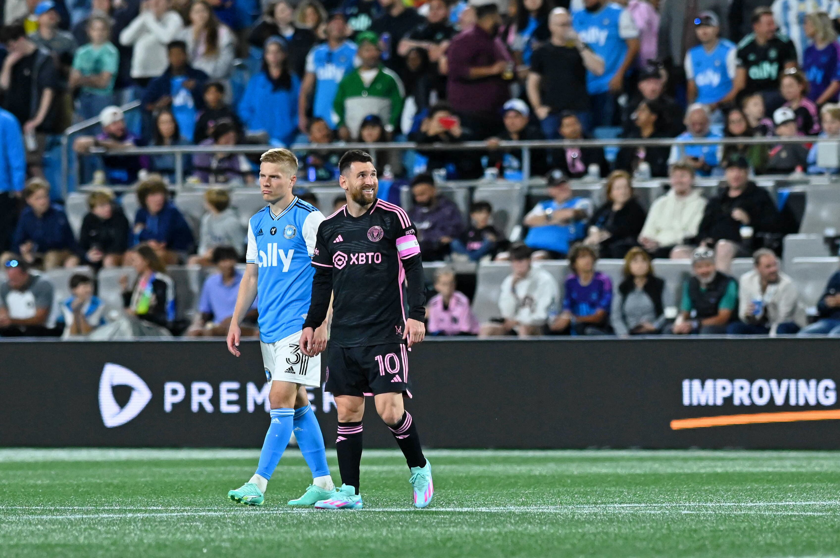 Oct 21, 2023; Charlotte, North Carolina, USA; Inter Miami CF forward Lionel Messi (10) reacts after a play against Charlotte FC during the second half at Bank of America Stadium. Mandatory Credit: Griffin Zetterberg-USA TODAY Sports