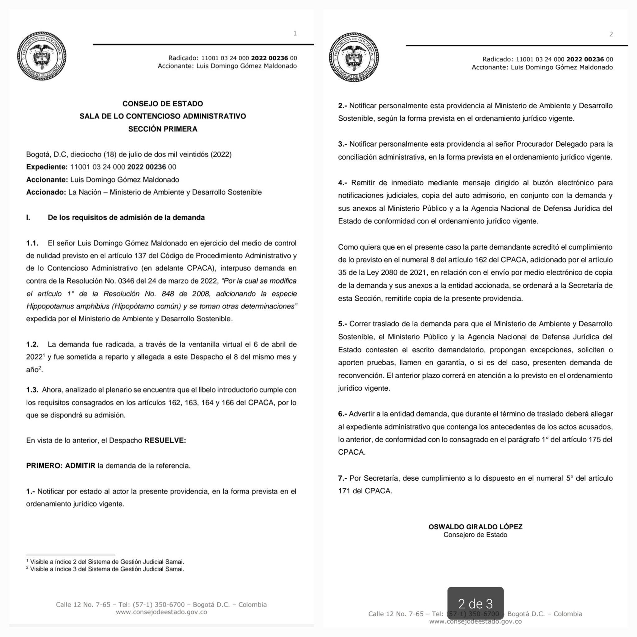 Consejo de Estado admitió demanda que pide anular resolución que declaró a los hipopótamos como especie invasora.