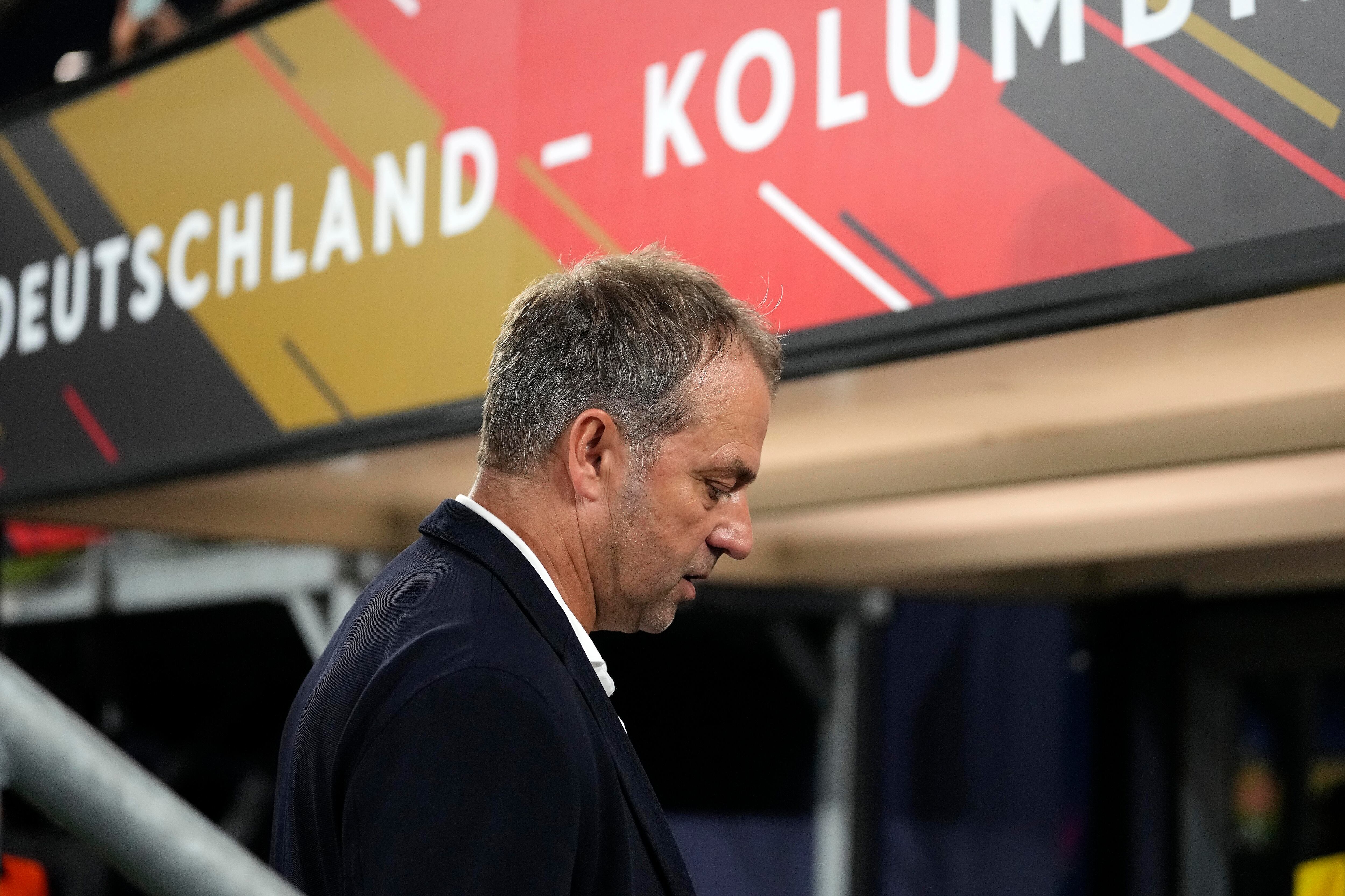 Germany's head coach Hansi Flick leaves the pitch after losing the international friendly soccer match between Germany and Colombia at Veltins-Arena, in Gelsenkirchen, Germany, Tuesday, June 20, 2023. Germany lost 0-2. (AP Photo/Martin Meissner)