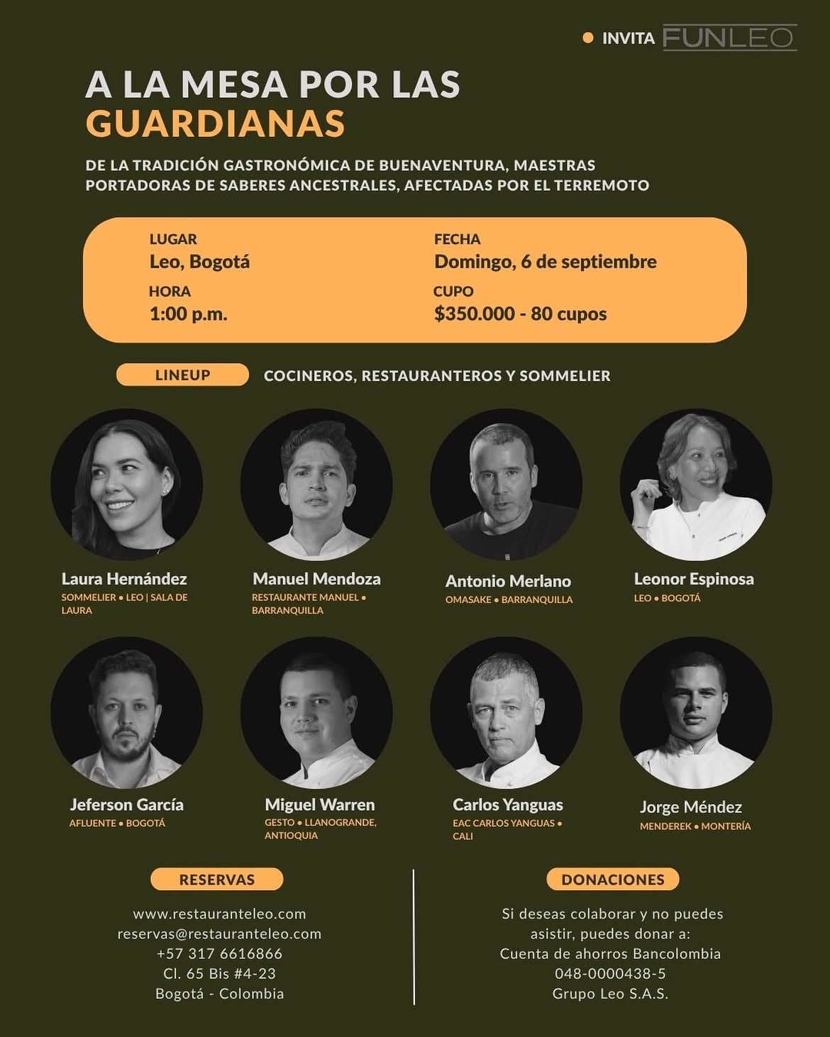 El 6 de septiembre, a la 1:00 p. m., en Leo y La Sala de Laura, Bogotá, ocho cocinas se reunirán alrededor de una misma mesa para ofrecer una experiencia de ocho tiempos con maridaje.