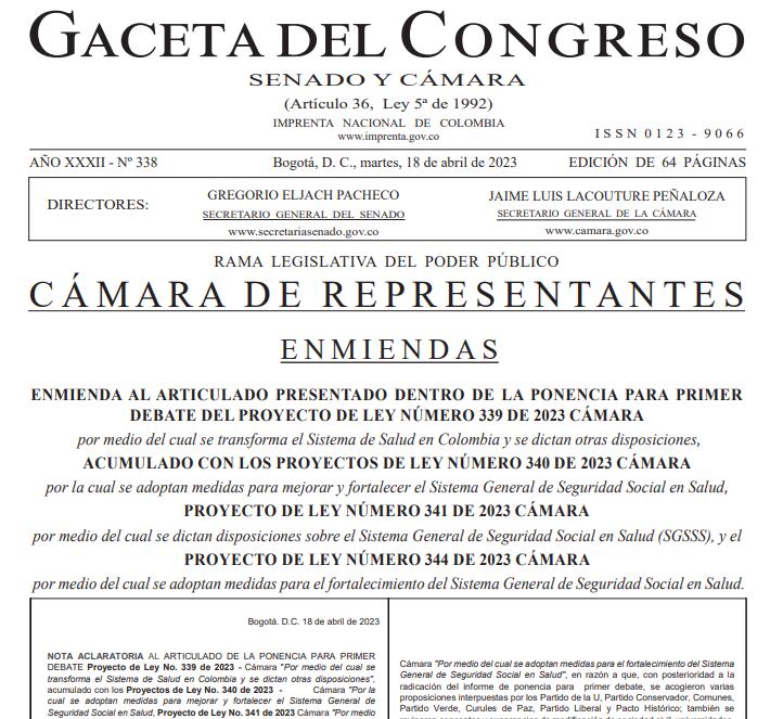 Gaceta del Congreso, 18 de abril de 2023: reparos al articulado presentado dentro de la ponencia de reforma a la salud