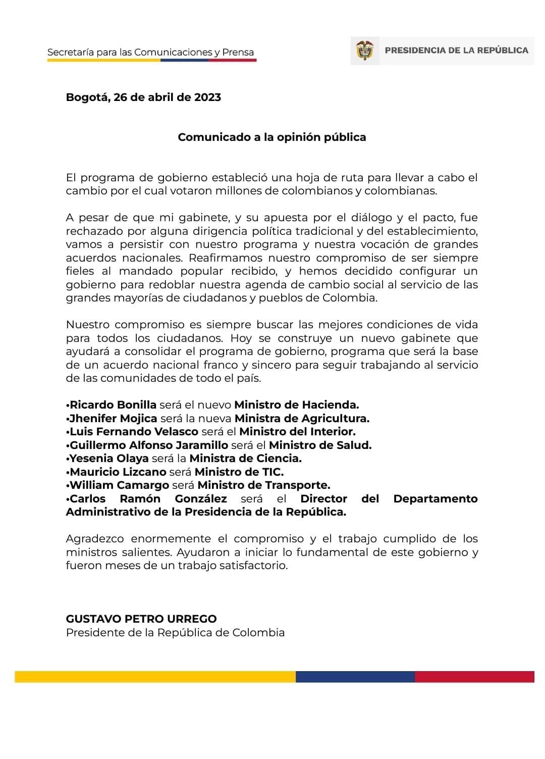 Nuevo gabinete de Ministros en Colombia