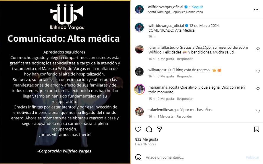 El merenguero Wilfrido Vargas estuvo hospitalizado por un cuadro grave de neumonía, pero fue dado de alta de la UCI.