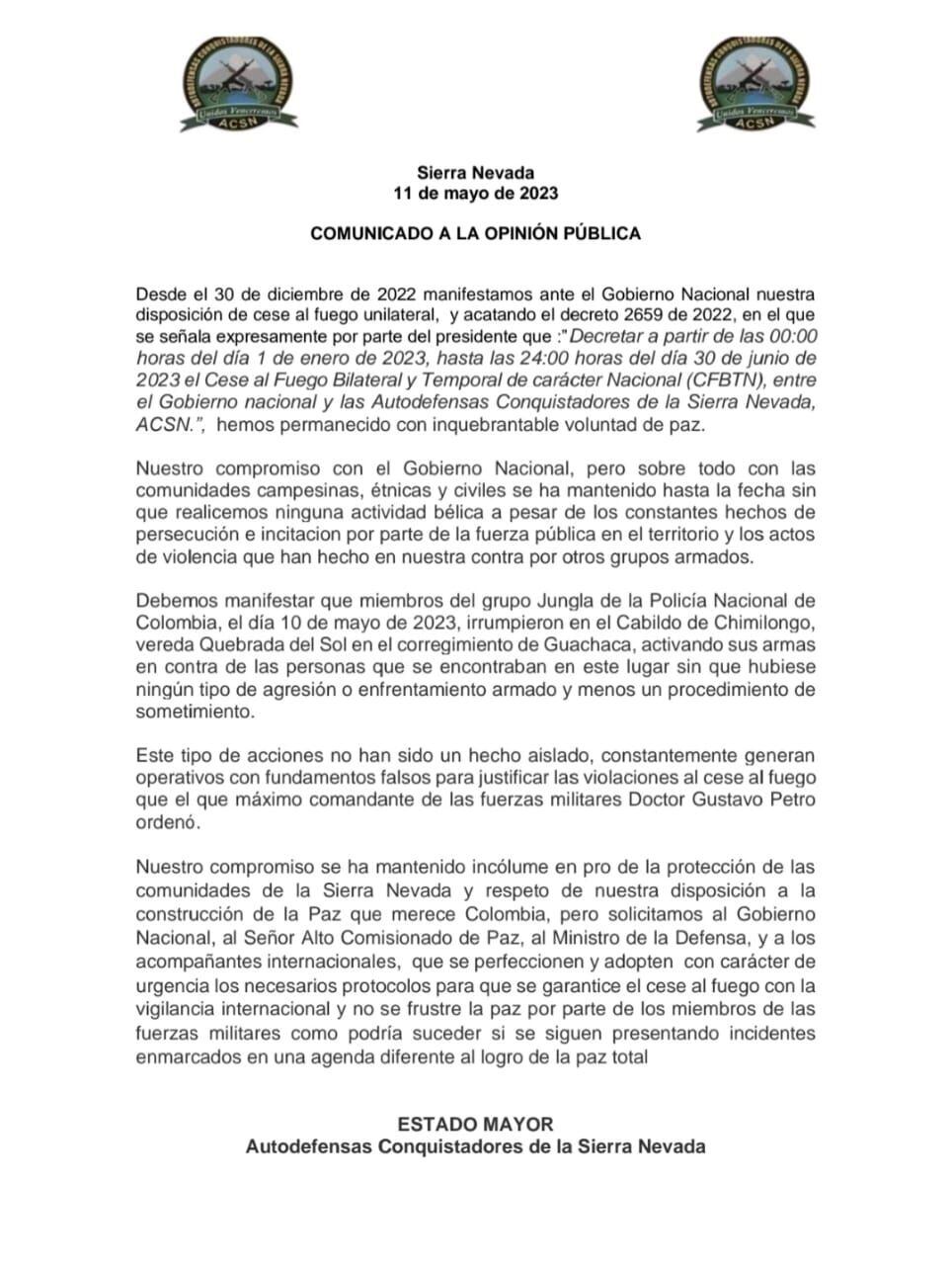 Autodefensas de la Sierra Nevada aseguran que la Policía Nacional violó el cese al fuego: “Abrieron fuego contra personas del cabildo”