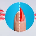 Presentación de tratamiento de manicura Uña stiletto roja con pantalla dividida sin tratar