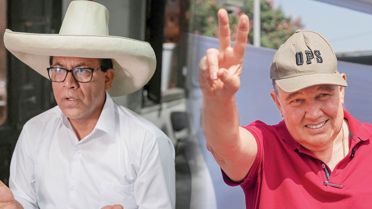 Roberto Sánchez (centro) y Rafael López Aliaga (derecha) se disputan el paso al balotaje en Perú dentro de un proceso lleno de escándalos y denuncias. 