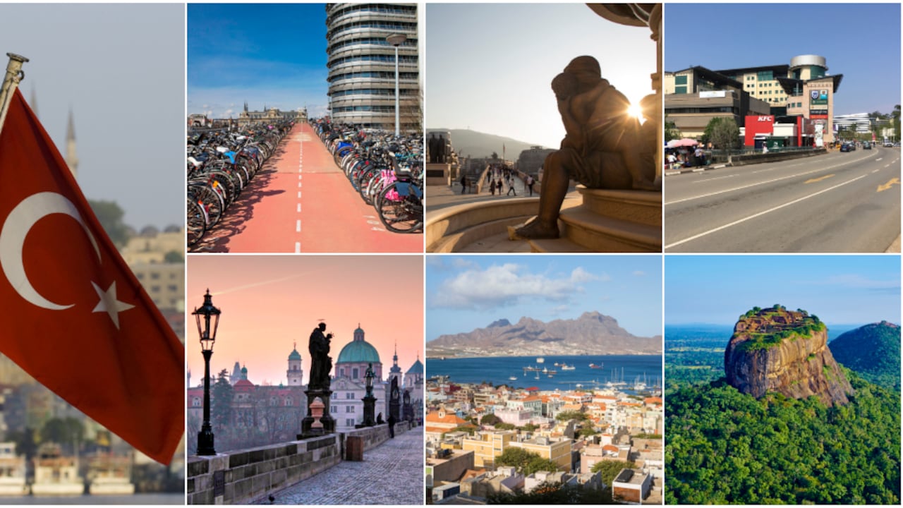 De izquierda a derecha y de arriba a abajo: Turquía, Holanda, Macedonia del Norte, Reino de Esuatini, República Checa, Cabo Verde y Sri Lanka