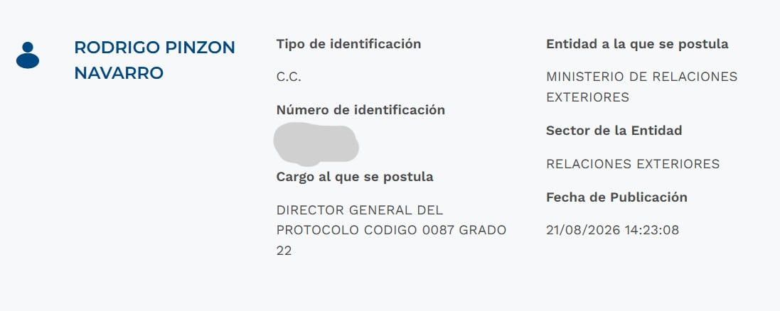 Publicación de la hoja de vida de Rodrigo Pinzón Navarro para el cargo de director de Protocolo de la Cancillería.