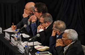 Imagen de archivo de una audiencia de reconocimiento de siete exmiembros del Secretariado de la extinta guerrilla FARC-EP por los secuestros perpetrados en el marco del conflicto armado en presencia de múltiples víctimas.
(Colprensa-Sergio Acero)