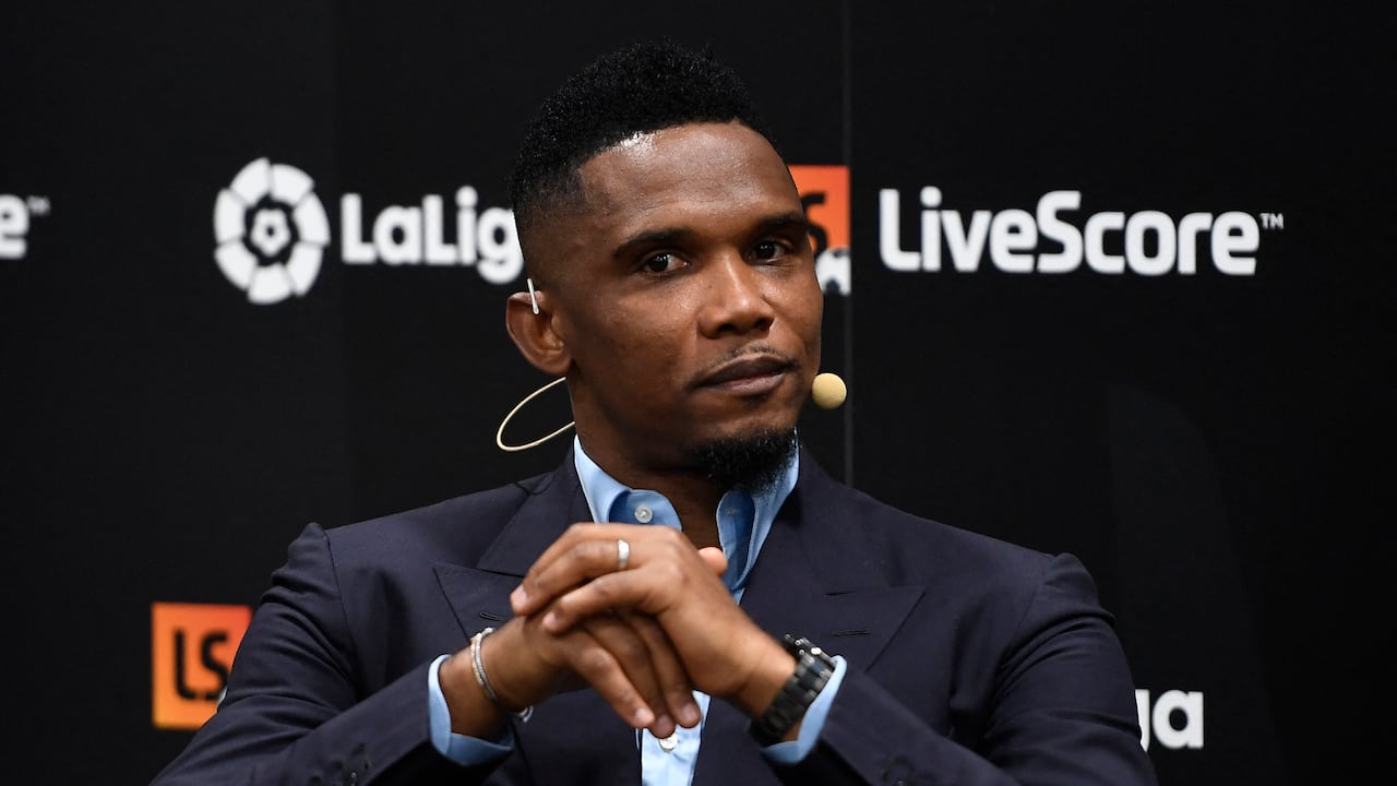 (FILES) In this file photo taken on September 12, 2019 Cameroonian football player Samuel Eto'o attends a conference about speed and innovation in football in Madrid. - Cameroon football legend Samuel Eto'o owes nearly one million euros in taxes from his time in Spain, local authorities said on December 27, 2021. The 40-year-old, who earlier this month was elected president of the Cameroon Football Federation, appeared on a list published by the Spanish tax office of people and companies that owe over 600,000 euros ($678,000). (Photo by PIERRE-PHILIPPE MARCOU / AFP)
