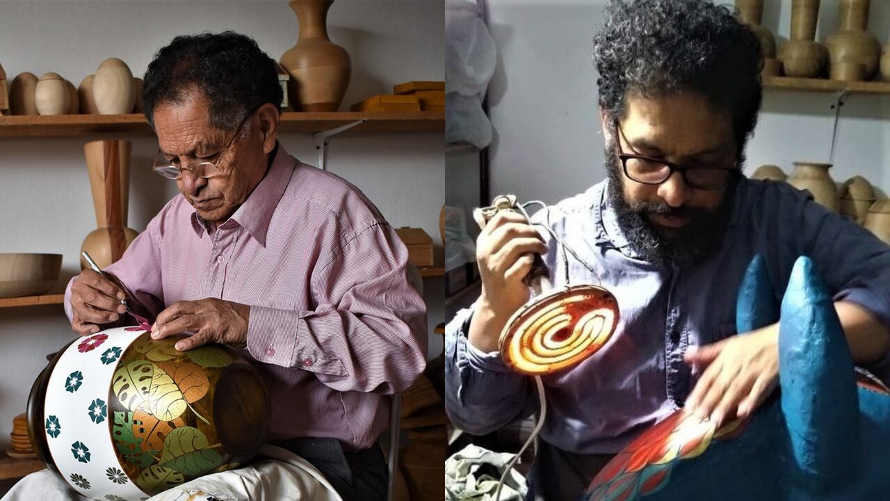 Gilberto Granja y Óscar Granja, padre e hijo, son artesanos del barniz de Pasto, un oficio de origen precolombino declarado Patrimonio Cultural Inmaterial de la Humanidad en 2020.