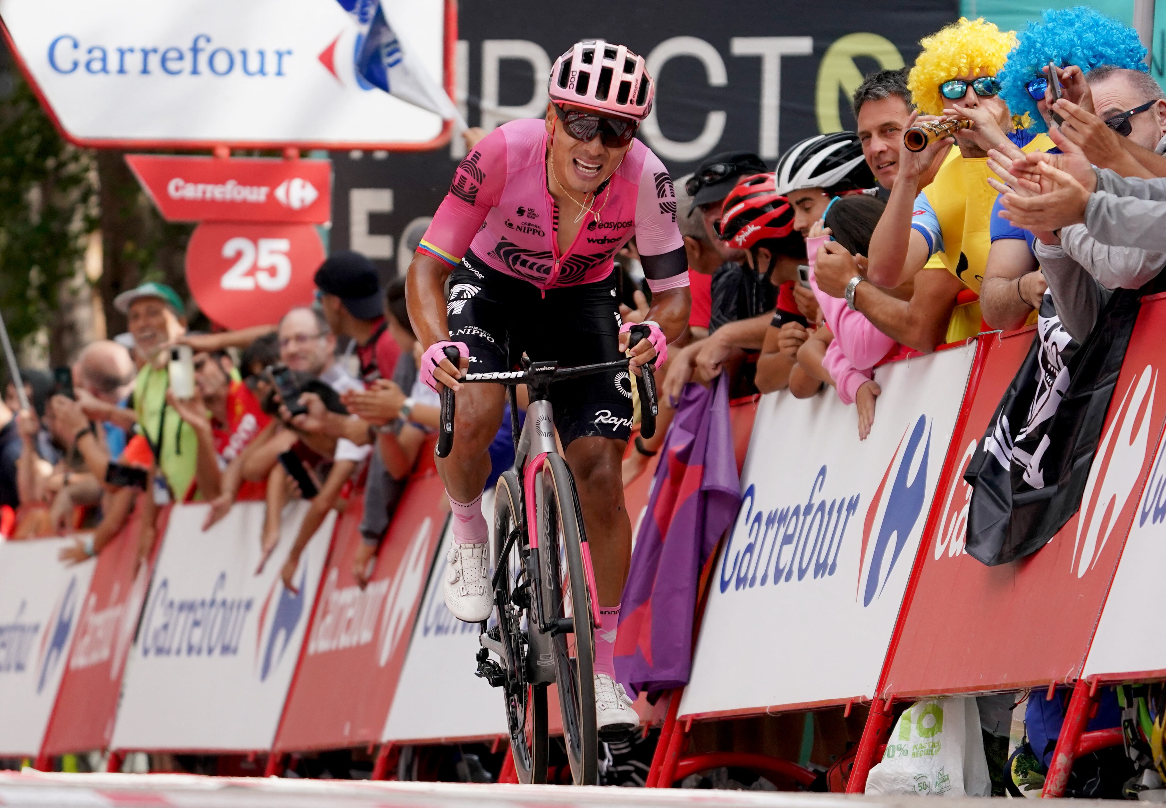 Team Education First's Ecuadorian rider Jonathan Caicedo crosses the finish line in the stage 11 of the 2023 La Vuelta cycling tour of Spain, a 163,5 km race from Lerma to Laguna Negra in Vinuesa, on September 6, 2023. (Photo by CESAR MANSO / AFP)