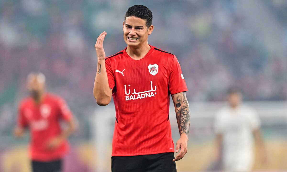 James Rodriguez of Al Rayyan reacts during the Amir Cup final football match between Al-Sadd and Al-Rayyan at the Al-Thumama Stadium in Doha, capital of Qatar, Oct. 22, 2021. (Photo by Nikku/Xinhua via Getty Images)