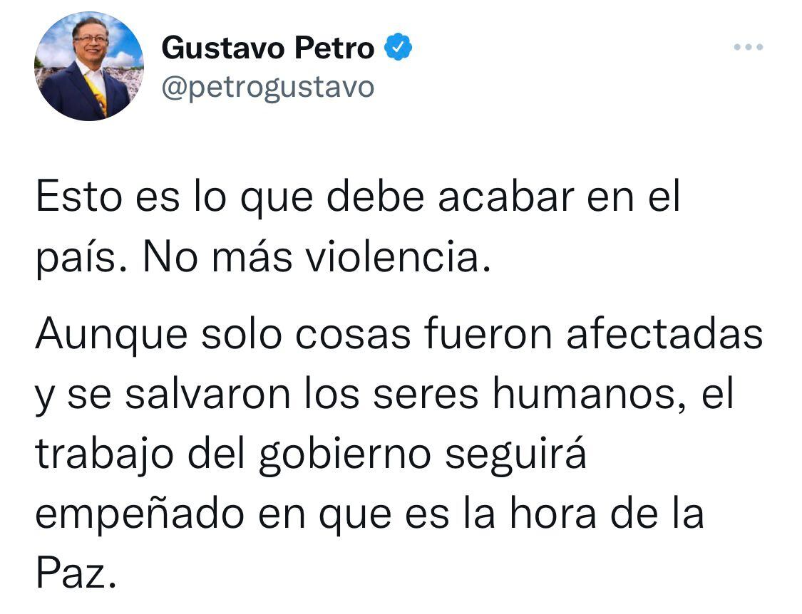 Al hecho reaccionó el primer mandatario, Gustavo Petro en su cuenta de Twitter.