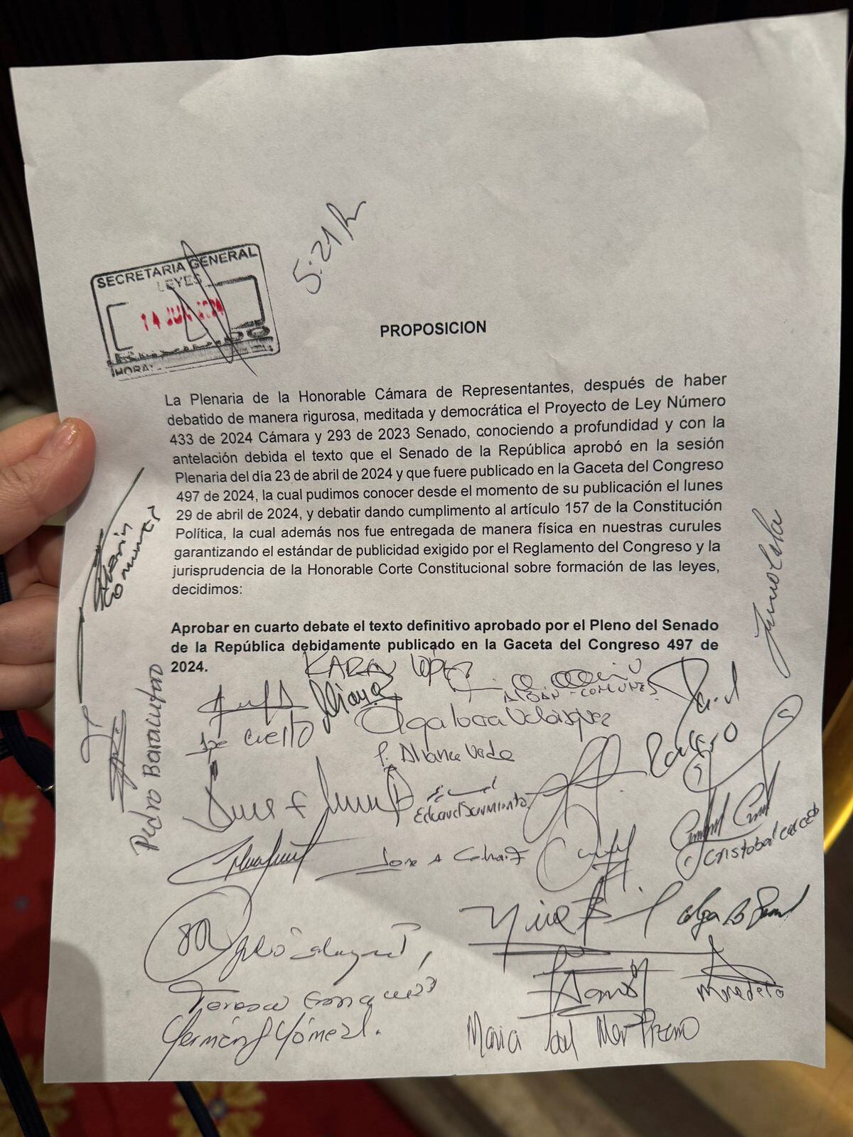 Proposición para aprobar la reforma pensional de Senado.