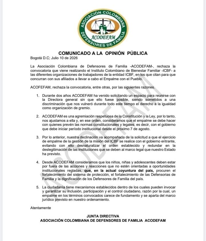 Comunicado de la Asociación Colombiana de Defensores de Familia.