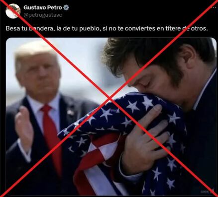 El post de Petro con una imagen creada por IA, que mostraba a Milei besando la bandera de EE.UU., fue rápidamente identificado como un montaje digital.