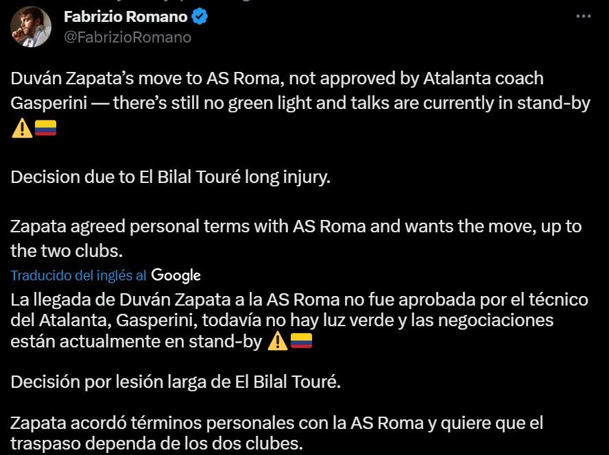 Información de Fabrizio Romano sobre Duván Zapata.