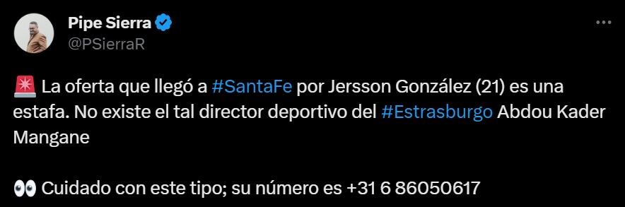 Información de Pipe Sierra sobre Jersson González.