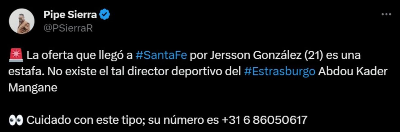 Información de Pipe Sierra sobre Jersson González.
