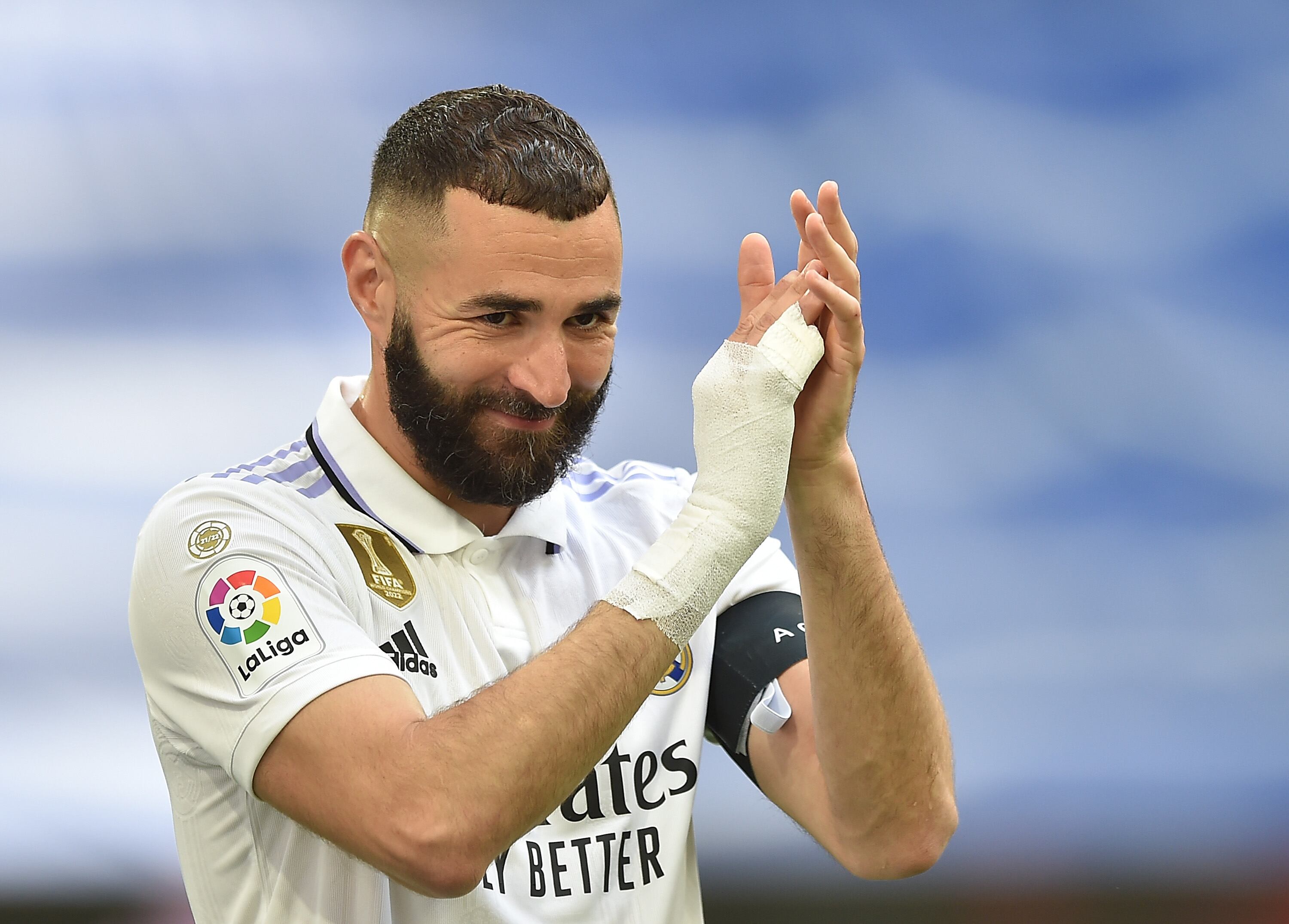MADRID, SPAIN - JUNE 04: Karim Benzema of Real Madrid reacts prior to the LaLiga Santander match between Real Madrid CF and Athletic Club at Estadio Santiago Bernabeu on June 04, 2023 in Madrid, Spain. (Photo by Denis Doyle/Getty Images)
