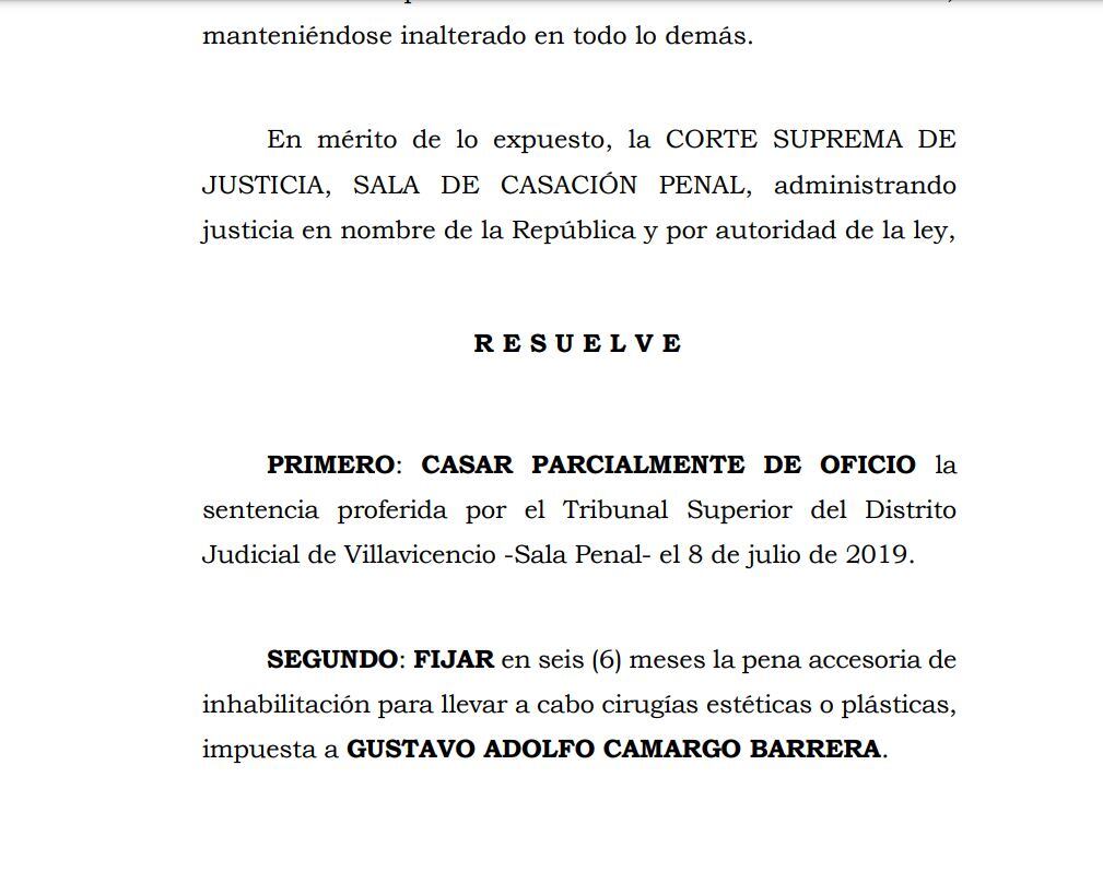 Corte Suprema fijó en seis meses la inhabilidad del médico Gustavo Adolfo Camargo Barrera para llevar a cabo cirugías estéticas.