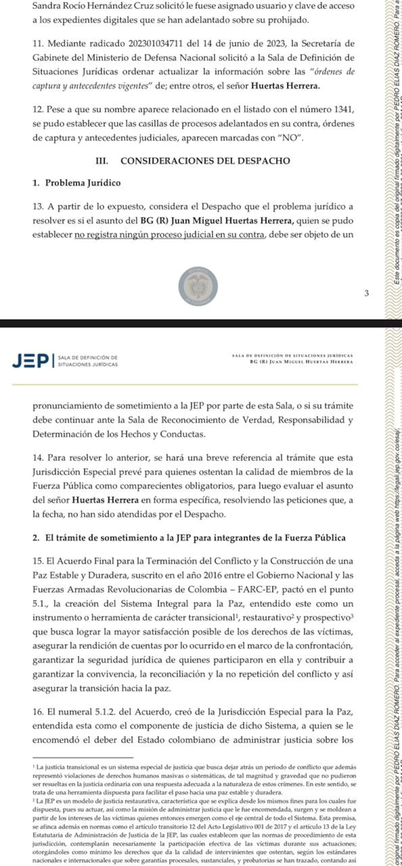 La JEP tiene en sus manos el caso del general (r) Juan Miguel Huertas, quien sería reintegrado por el gobierno Petro.