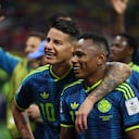Colombia's James Rodriguez (10) and Jaminton Campaz (21) celebrate after their win in the World Cup Group K soccer match between Uzbekistan and Colombia in Mexico City, Wednesday, June 17, 2026. (AP Photo/Ashtin Barker)