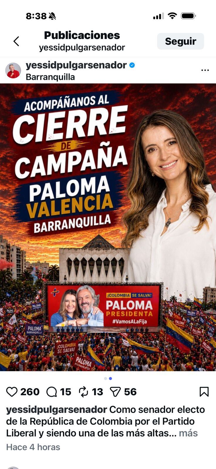 Yessid Pulgar apoya a Paloma Valencia