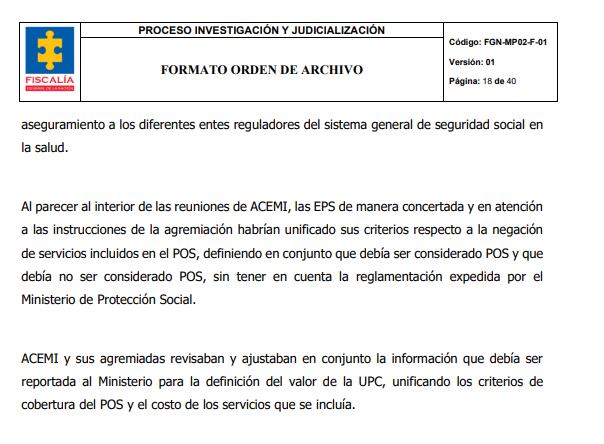 Fragmento de documento de la Fiscalía sobre archivo de investigación por cartel de las EPS.