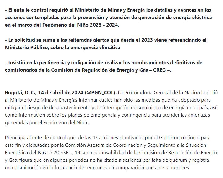 La Procuraduría solicitó informe al gobierno sobre acciones para evitar racionamiento de energía en el país.