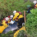 Royal National Lifeboat Institution (RNLI) rescuers pour water over a juvenile Minke whale beached beside a bridge at Teddington in southwest London having swum up the river Thames on May 10, 2021. (Photo by Glyn KIRK / AFP)