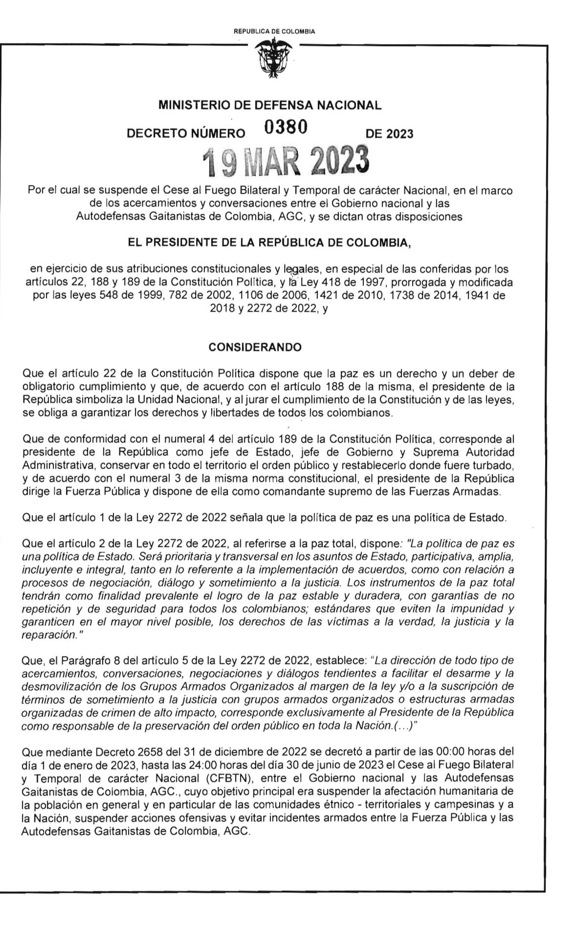 Decreto suspensión cese al fuego Clan del Golfo