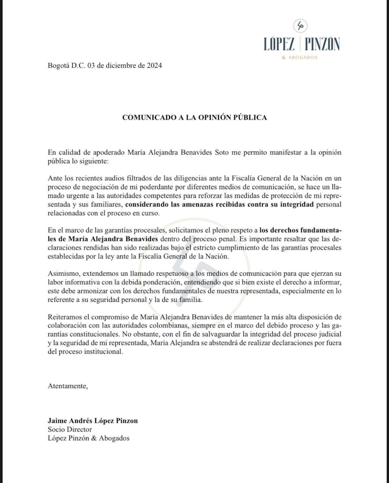 Comunicado de la defensa de María Alejandra Benavides, exasesora del ministro Ricardo Bonilla