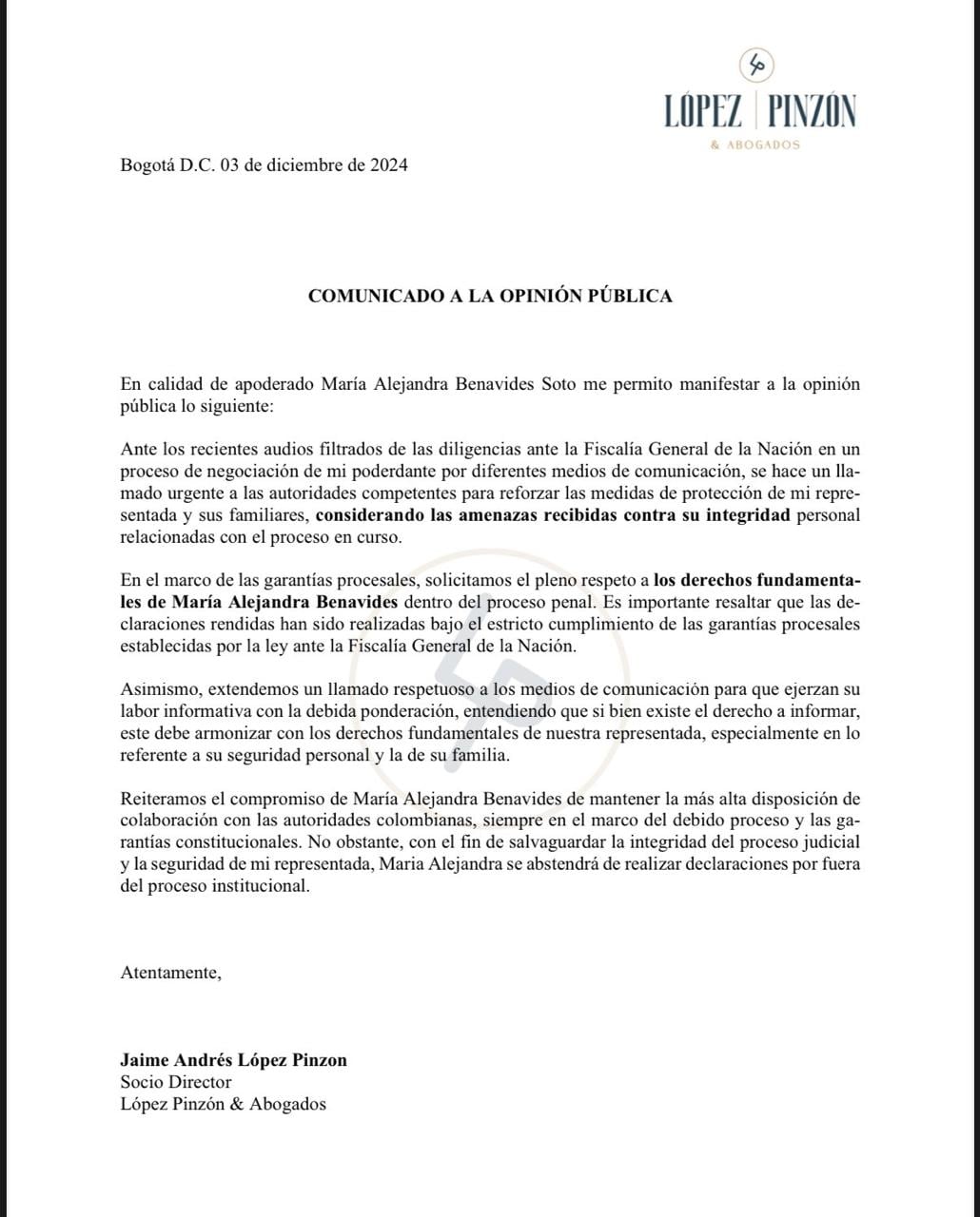 Comunicado de la defensa de María Alejandra Benavides, exasesora del ministro Ricardo Bonilla
