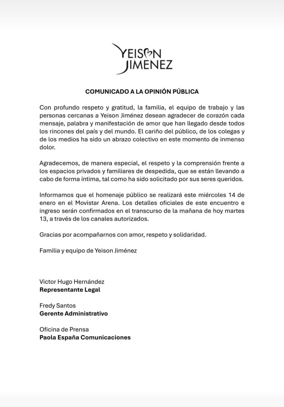 Equipo de trabajo de Yeison Jimenez ha confirmado que el Movistar Arena