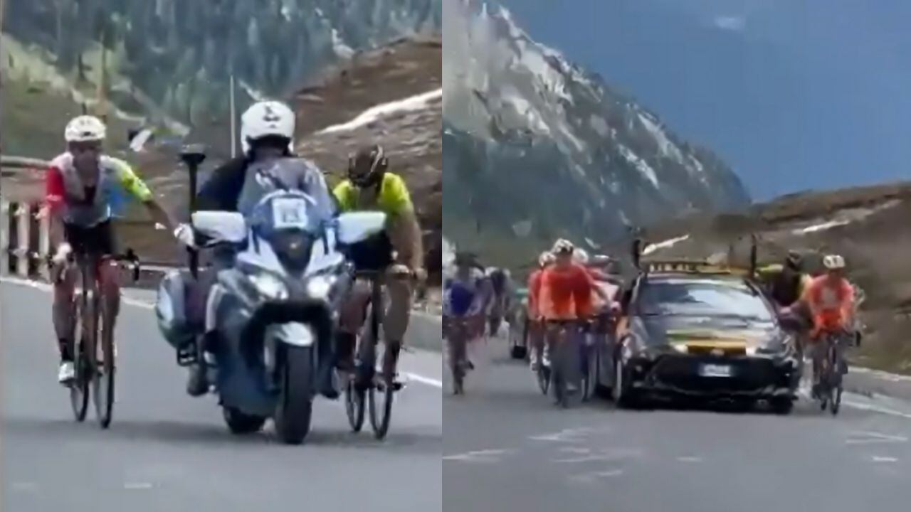 Momento exacto donde los ciclistas son ayudados por vehiculos y motos. Captura de pantalla del video de @triviumcolombia