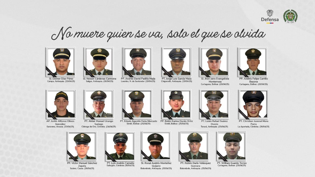 Ellos son 17 de los 19 los policías asesinados durante el mes de abril en Colombia. Dos uniformados resultaron heridos en atentados días atrás y fallecieron este miércoles ante la gravedad se sus lesiones.