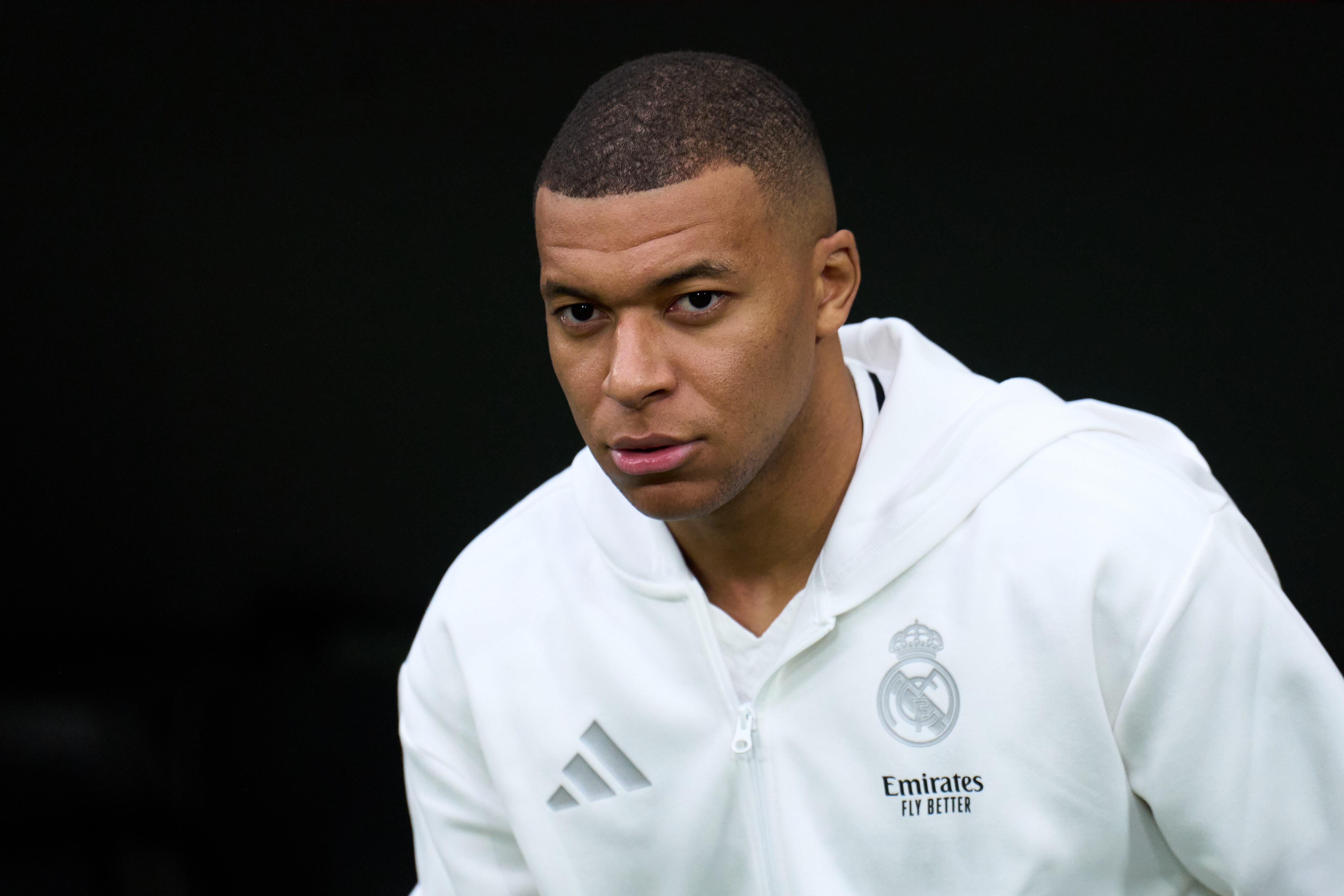MADRID, SPAIN - MARCH 09: Kylian Mbappe of Real Madrid looks on prior to the LaLiga match between Real Madrid CF and Rayo Vallecano at Estadio Santiago Bernabeu on March 09, 2025 in Madrid, Spain. (Photo by Angel Martinez/Getty Images)