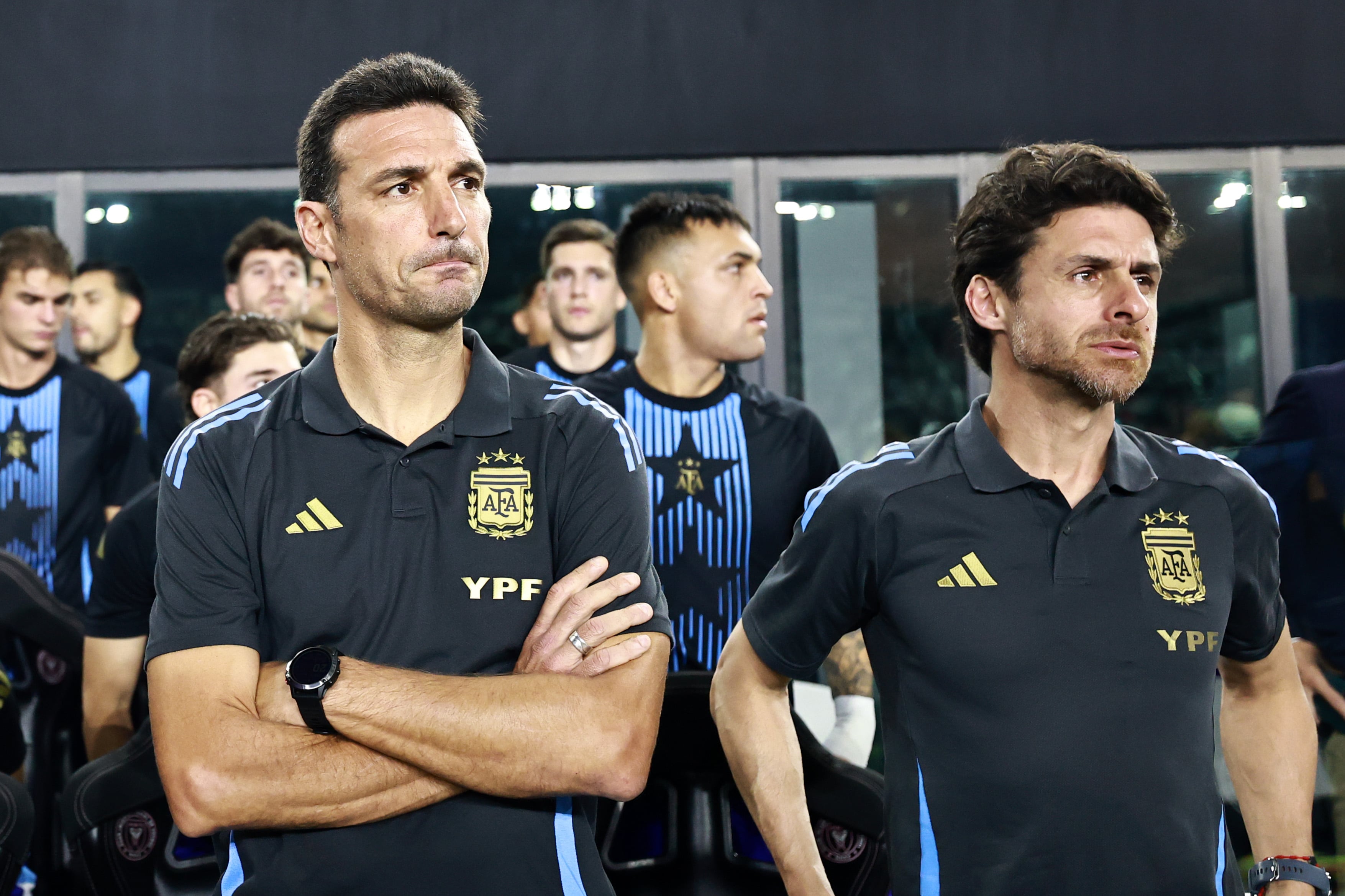 FORT LAUDERDALE, FLORIDA - OCTOBER 14: Lionel Scaloni, Head Coach of Argentina and Pablo Aimar, Assistant Coach of Argentina, look on prior to the International Friendly match between Puerto Rico and Argentina at Chase Stadium on October 14, 2025 in Fort Lauderdale, Florida. (Photo by Carmen Mandato/Getty Images)