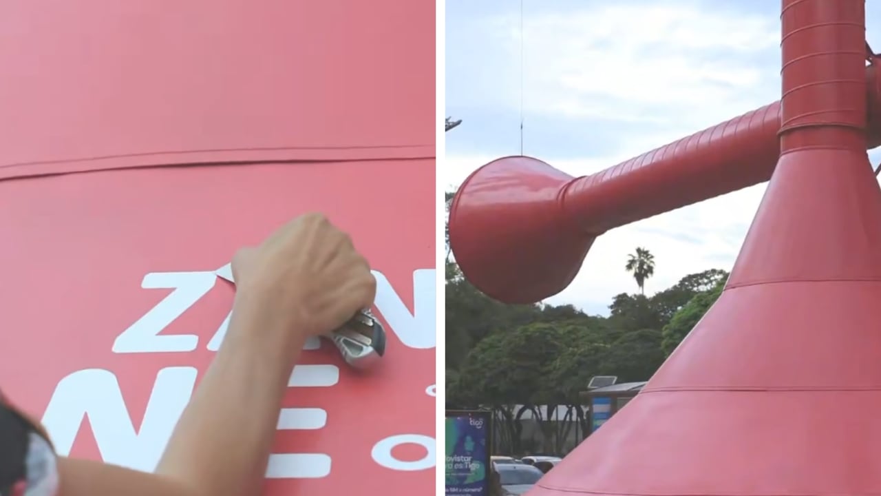 Alcaldía de Cali retira publicidad del monumento Las Trompetas del Grupo Niche en la plazoleta Jairo Varela.