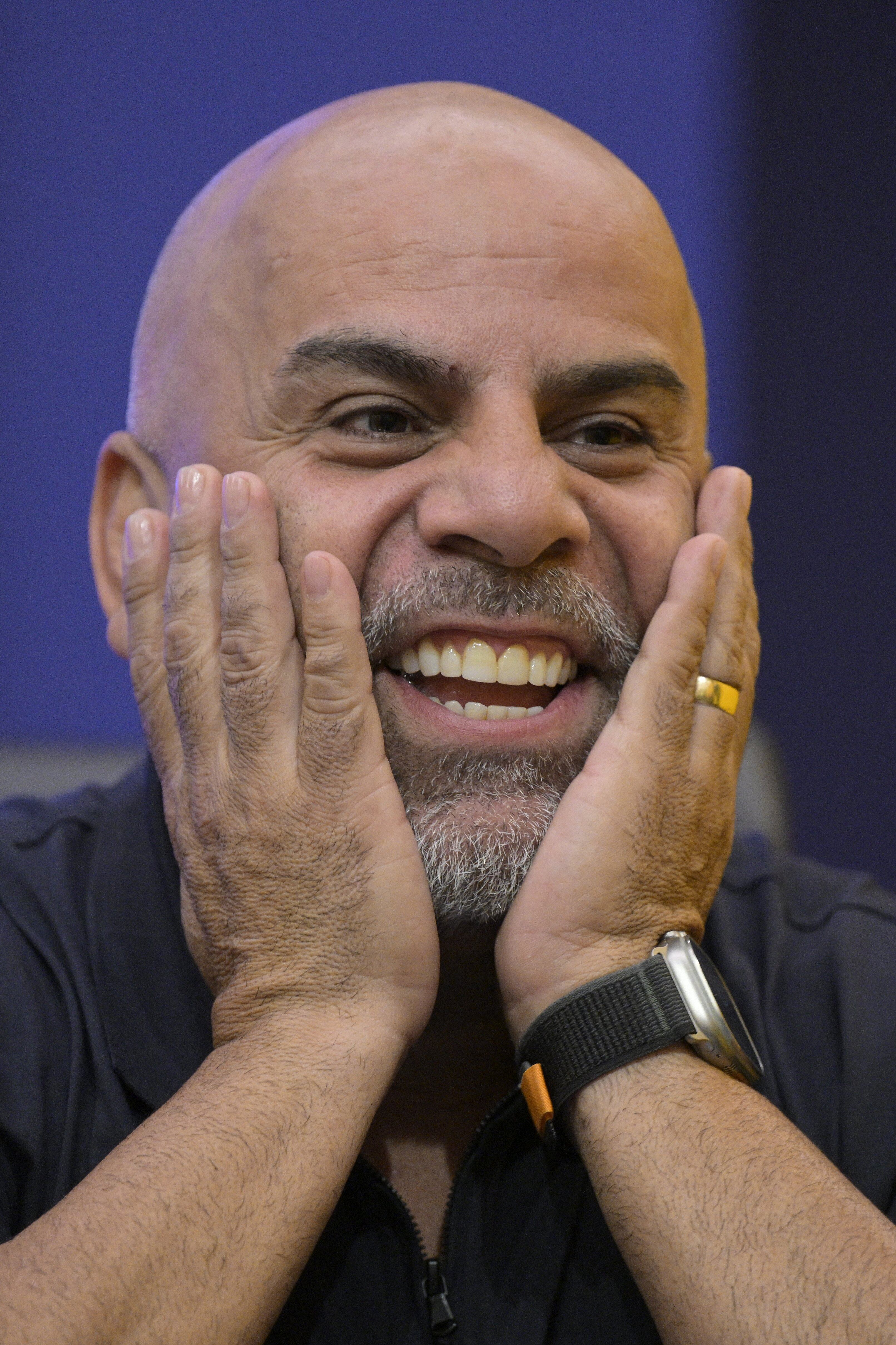 Boca Junior's member of the football council, Colombian ex-footballer Mauricio Serna, gestures during the presentation of Jorge Almiron as the football team's new coach, at La Bombonera stadium in Buenos Aires, on April 10, 2023. (Photo by Juan MABROMATA / AFP)