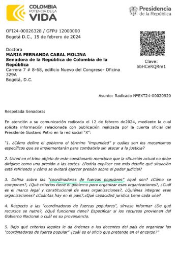 La Presidencia de la República respondió a un cuestionario enviado por la senadora María Fernanda Cabal.