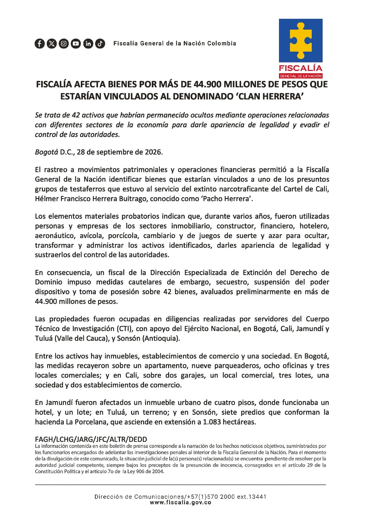 Comunicado oficial de la Fiscalía.