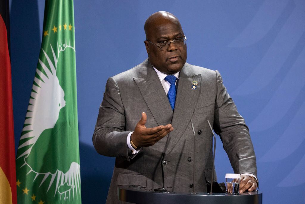 BERLIN, GERMANY - AUGUST 27: Felix Tshisekedi, President of the Democratic Republic of the Congo speaks at a press conference   after the G20 Compact with Africa conference at the Chancellery in Berlin  on August 27, 2021 in Berlin, Germany. (Photo by Maja Hitij/Getty Images)