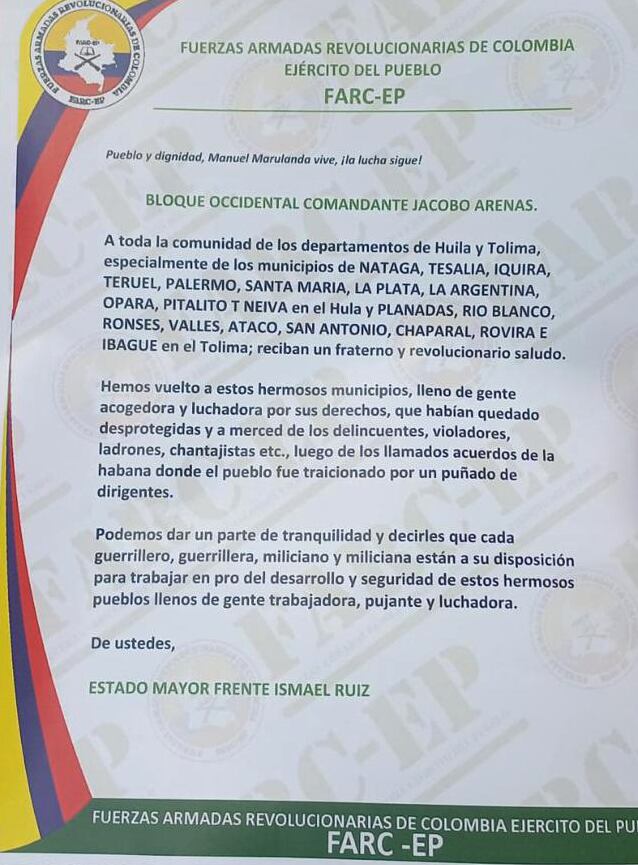 Panfleto amenazante apareció en el Huila y Tolima.