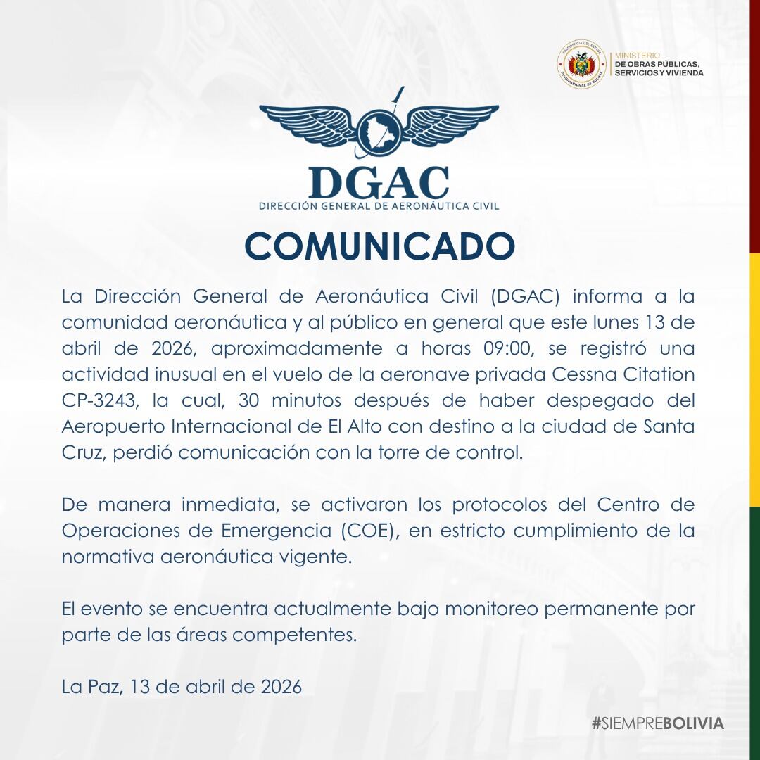 La Dirección General de Aeronáutica Civil (DGAC) reportó la desaparición de una aeronave privada tipo Cessna Citation